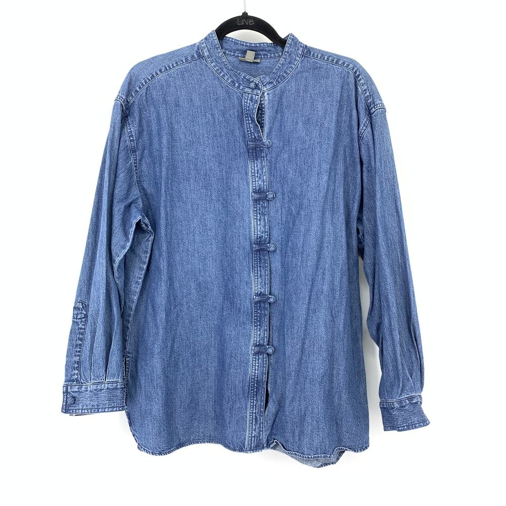 J Jill Chambray Shirt Womens L Medium Blue Mandarin Collar Frog Button Blouse